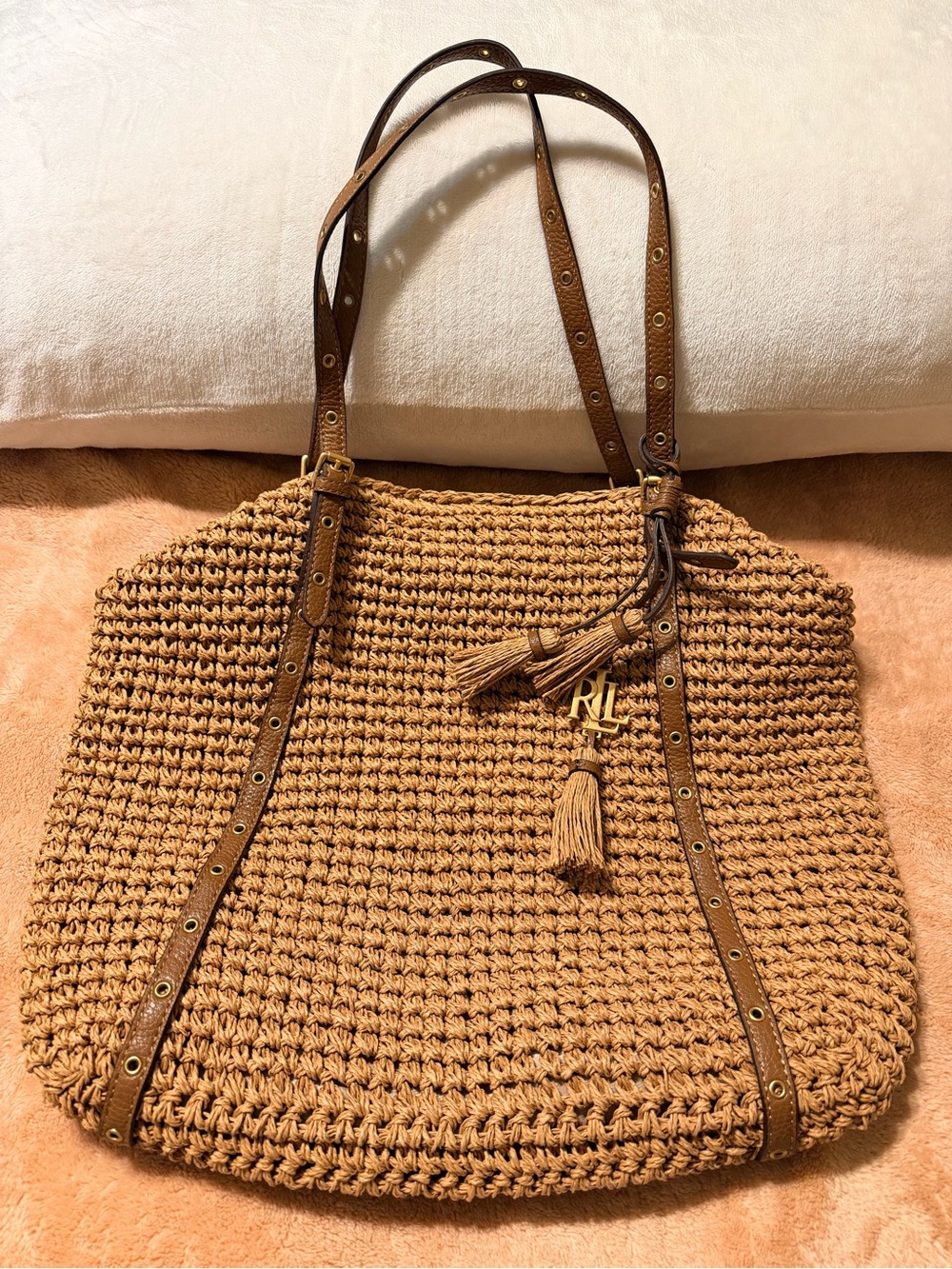 Ralph Lauren Crochet Straw Tote in Tan with Leather Straps and Tassel